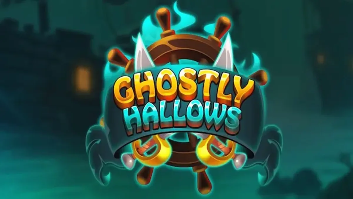 Layar permainan slot Ghostly Hallows dengan tema kapal hantu dan bajak laut kerangka.