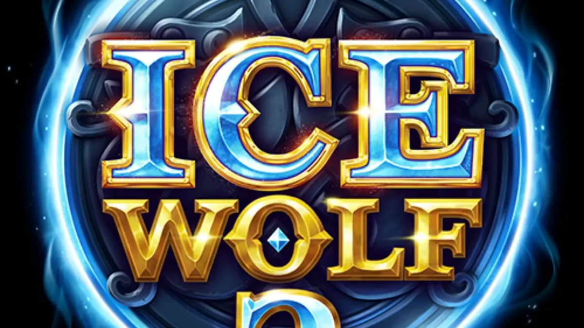 Pemandangan visual slot Ice Wolf 2 dengan latar belakang pegunungan es dan grid yang membeku.